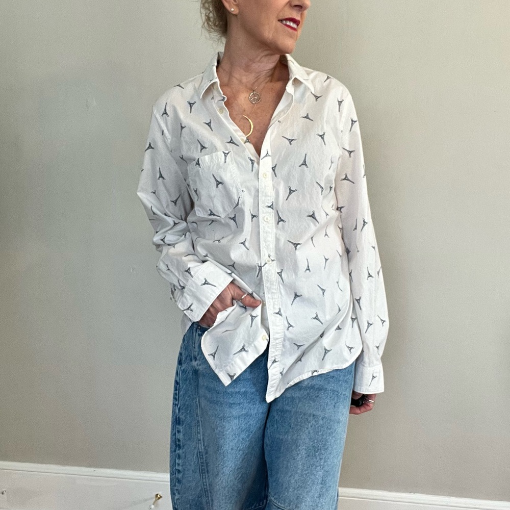 Banana Republic White Button-Up Shirt with Blue Eiffel Tower Pattern